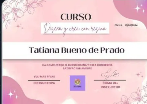 Certificado del curso Diseña y Crea con Resina recibido por una alumna