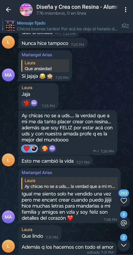 Captura real: Mensajes en el grupo de alumnas